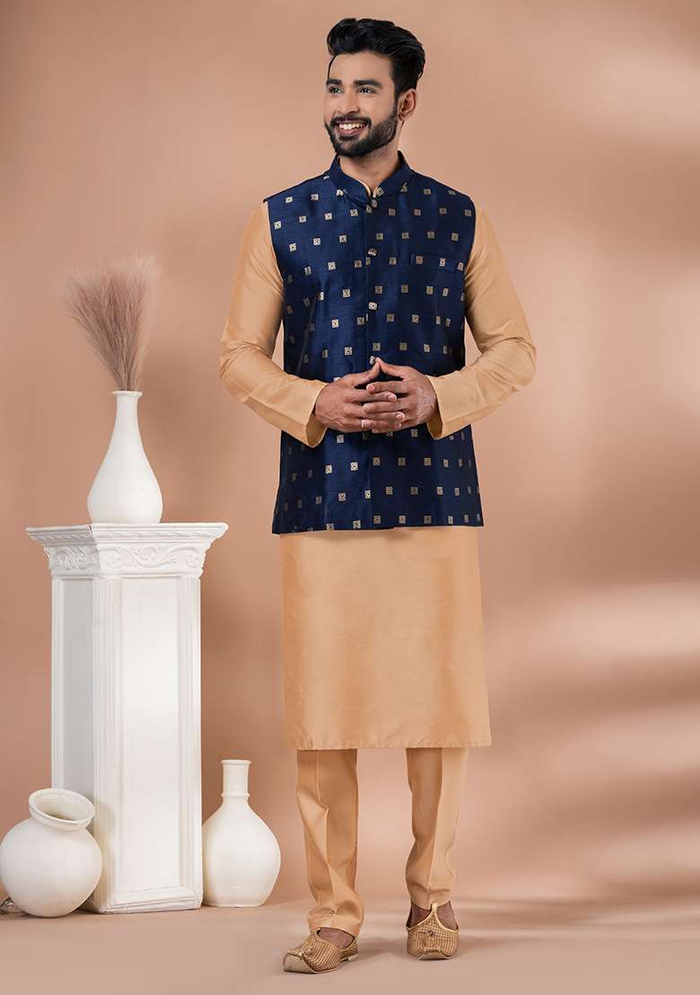 Chiku Brown Printed Viscose Nehru Jacket Set For Men - Indya