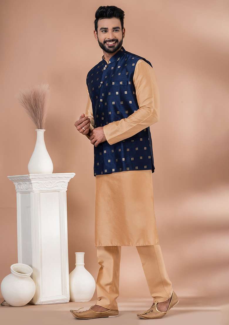Chiku Brown Printed Viscose Nehru Jacket Set For Men - Indya
