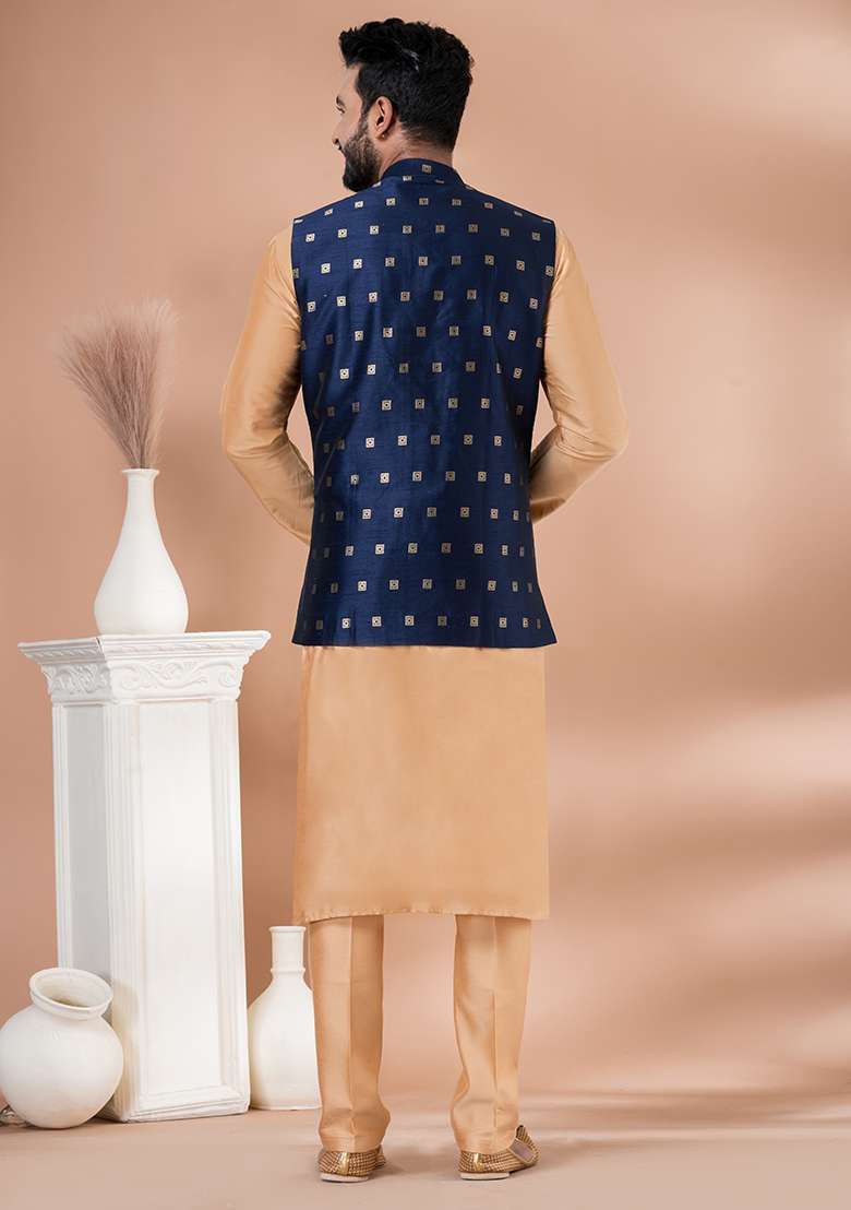Chiku Brown Printed Viscose Nehru Jacket Set For Men - Indya