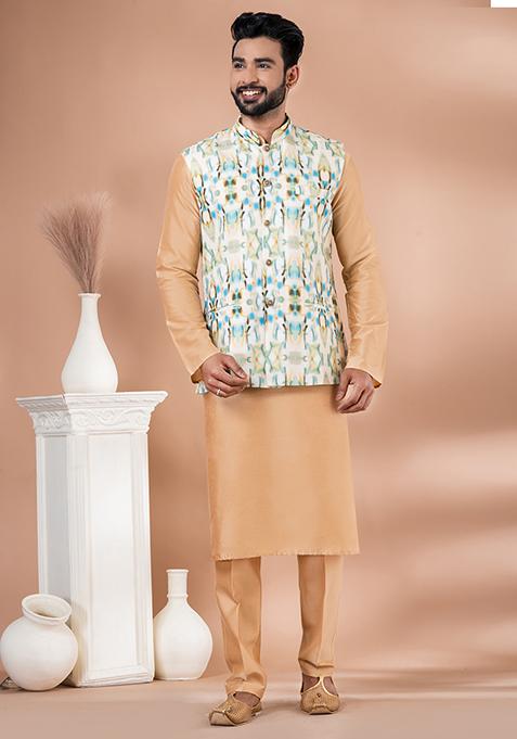 Chiku Brown Printed Viscose Nehru Jacket Set For Men