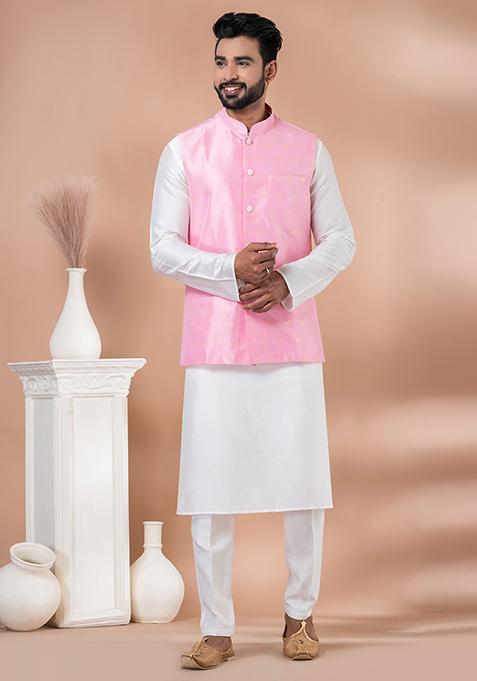 White Printed Viscose Nehru Jacket Set For Men