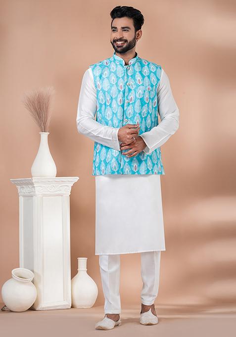 White Printed Viscose Nehru Jacket Set For Men