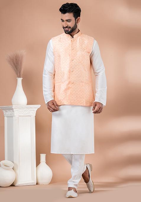 White Printed Viscose Nehru Jacket Set For Men