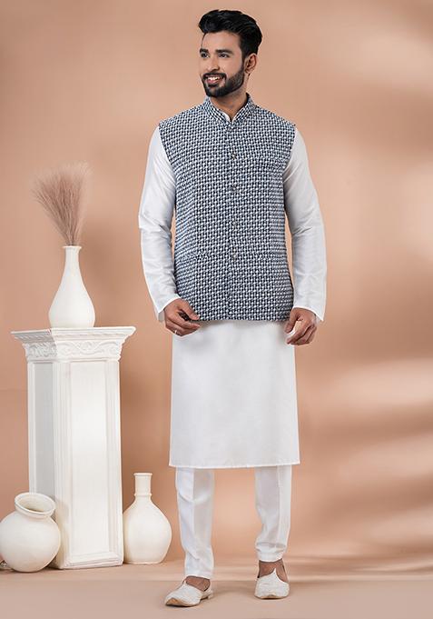 White Printed Viscose Nehru Jacket Set For Men