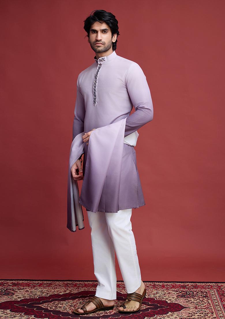 Purple Embroidered Rayon Kurta With Dupatta For Men