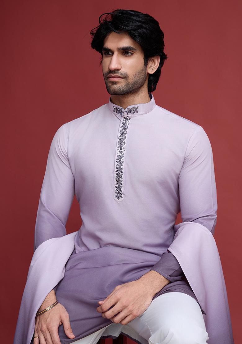 Purple Embroidered Rayon Kurta With Dupatta For Men
