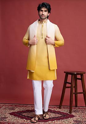 Yellow Embroidered Rayon Kurta With Dupatta For Men