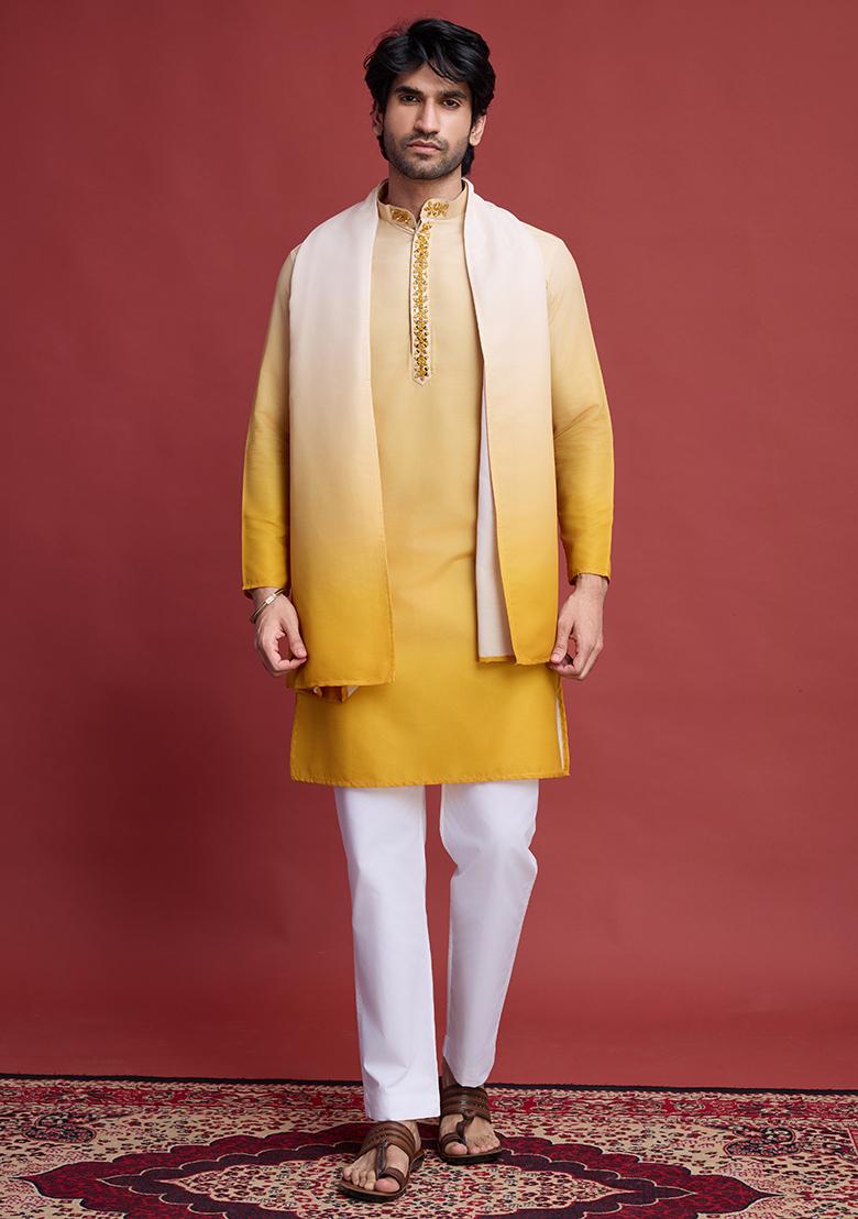 Yellow Embroidered Rayon Kurta With Dupatta For Men