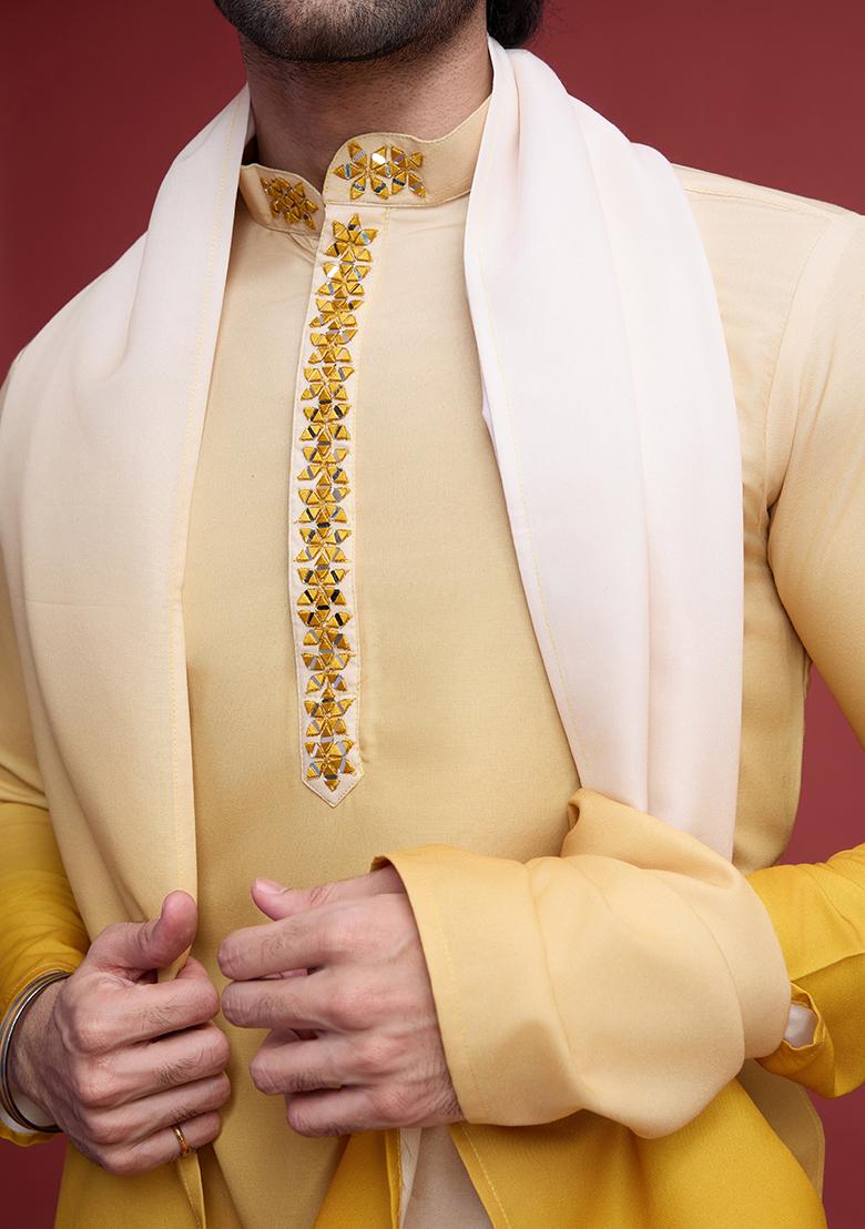 Yellow Embroidered Rayon Kurta With Dupatta For Men