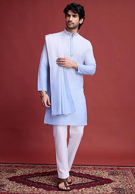 Sky Blue Embroidered Rayon Kurta With Dupatta For Men