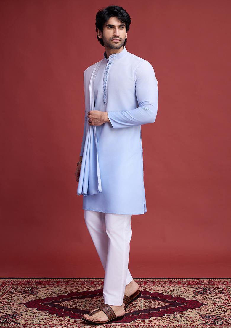 Sky Blue Embroidered Rayon Kurta With Dupatta For Men