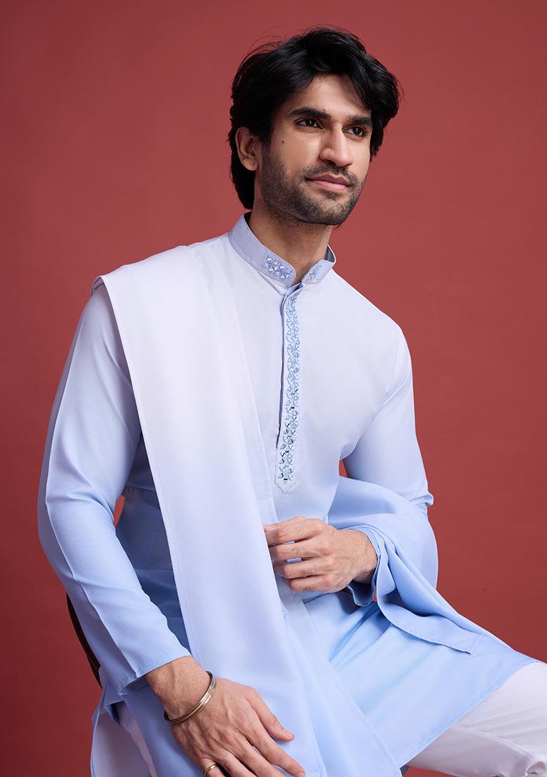 Sky Blue Embroidered Rayon Kurta With Dupatta For Men