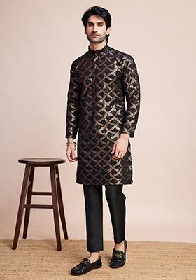Black Sequin Embroidered Silk Kurta For Men