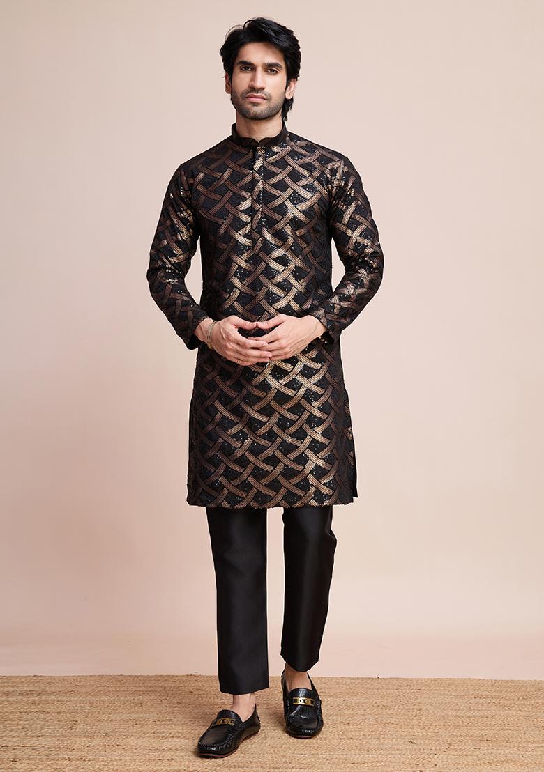 Black Sequin Embroidered Silk Kurta For Men