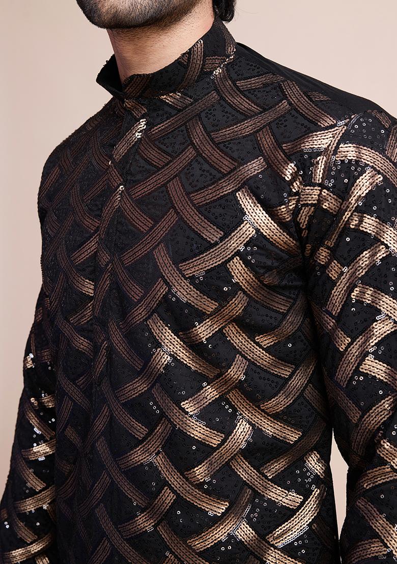 Black Sequin Embroidered Silk Kurta For Men