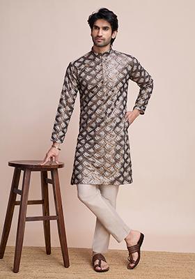Beige Sequin Embroidered Silk Kurta For Men