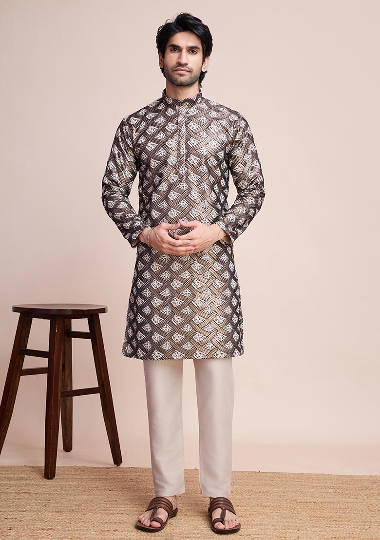 Beige Sequin Embroidered Silk Kurta For Men