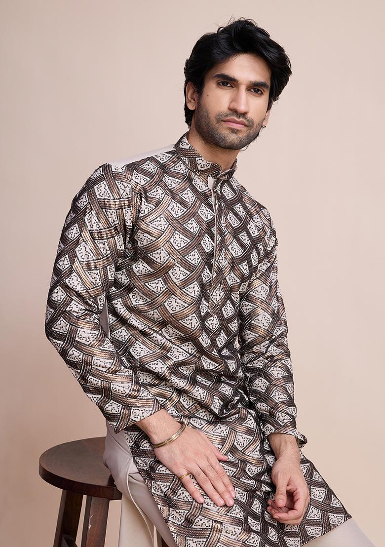 Beige Sequin Embroidered Silk Kurta For Men