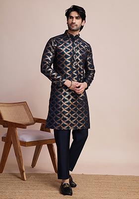 Navy Blue Sequin Embroidered Silk Kurta For Men