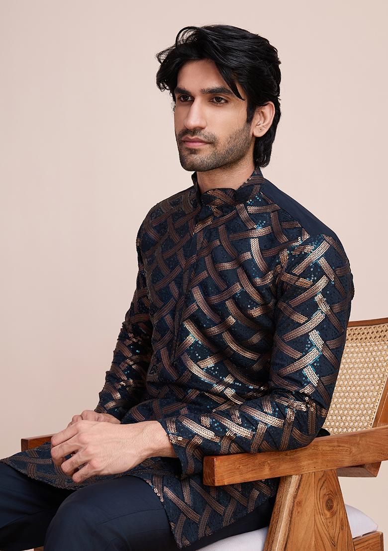 Navy Blue Sequin Embroidered Silk Kurta For Men