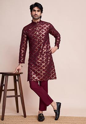 Maroon Sequin Embroidered Silk Kurta For Men
