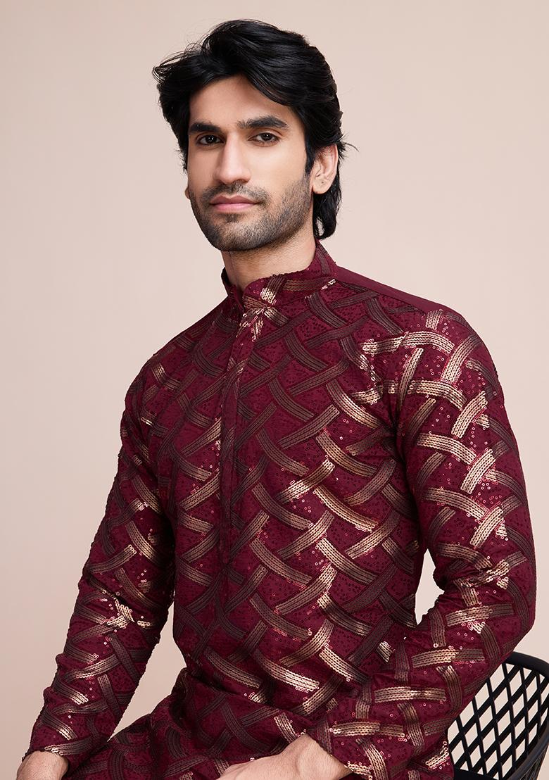 Maroon Sequin Embroidered Silk Kurta For Men