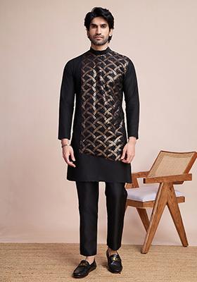 Black Sequin Embroidered Silk Kurta For Men