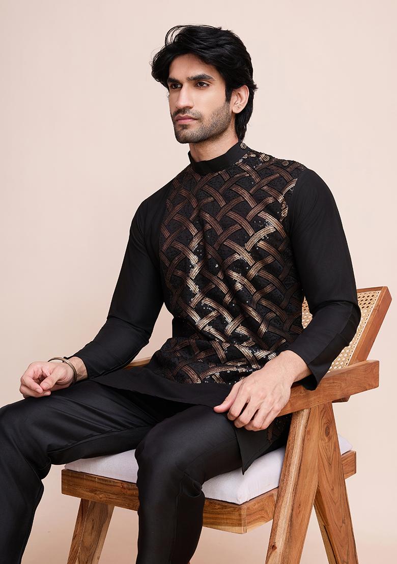 Black Sequin Embroidered Silk Kurta For Men