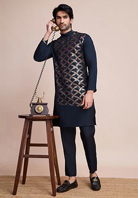 Blue Sequin Embroidered Silk Kurta For Men