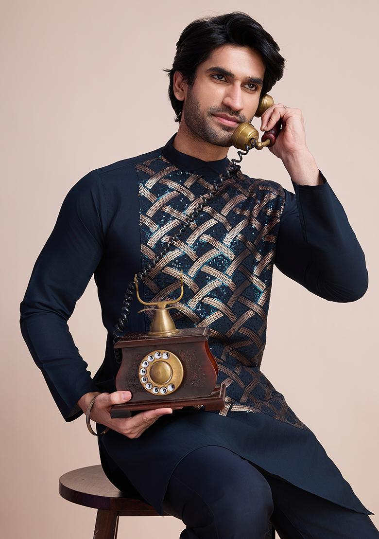 Blue Sequin Embroidered Silk Kurta For Men
