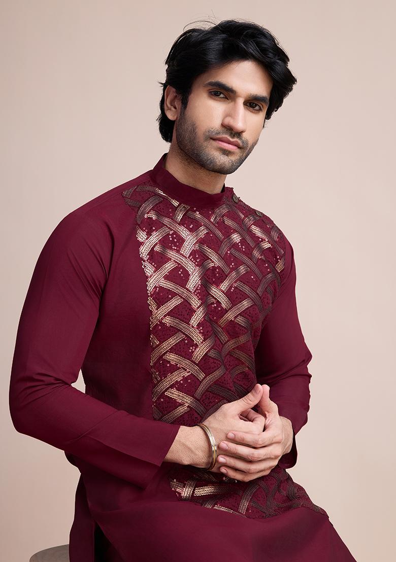 Maroon Sequin Embroidered Silk Kurta For Men