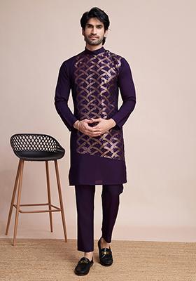 Purple Sequin Embroidered Silk Kurta For Men