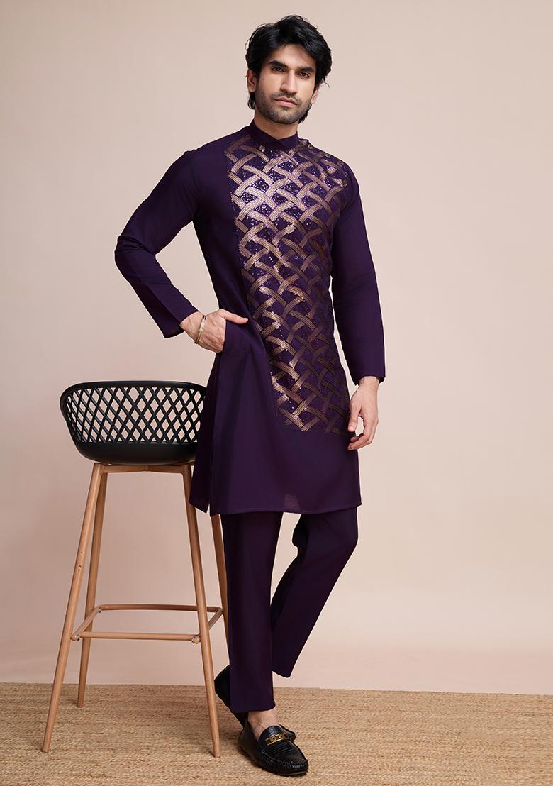 Purple Sequin Embroidered Silk Kurta For Men