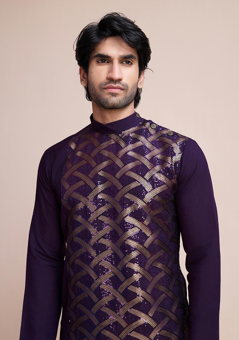 Purple Sequin Embroidered Silk Kurta For Men