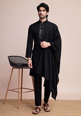 Black Embroidered Viscose Kurta Set With Dupatta For Men