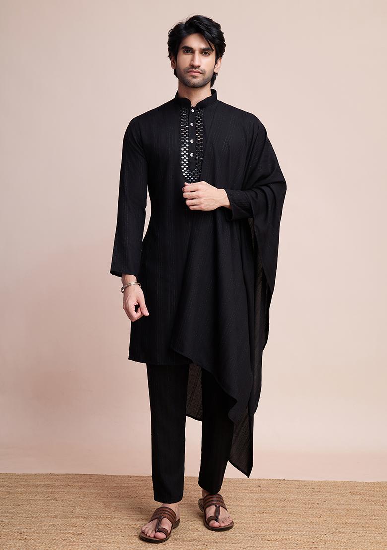 Black Embroidered Viscose Kurta Set With Dupatta For Men