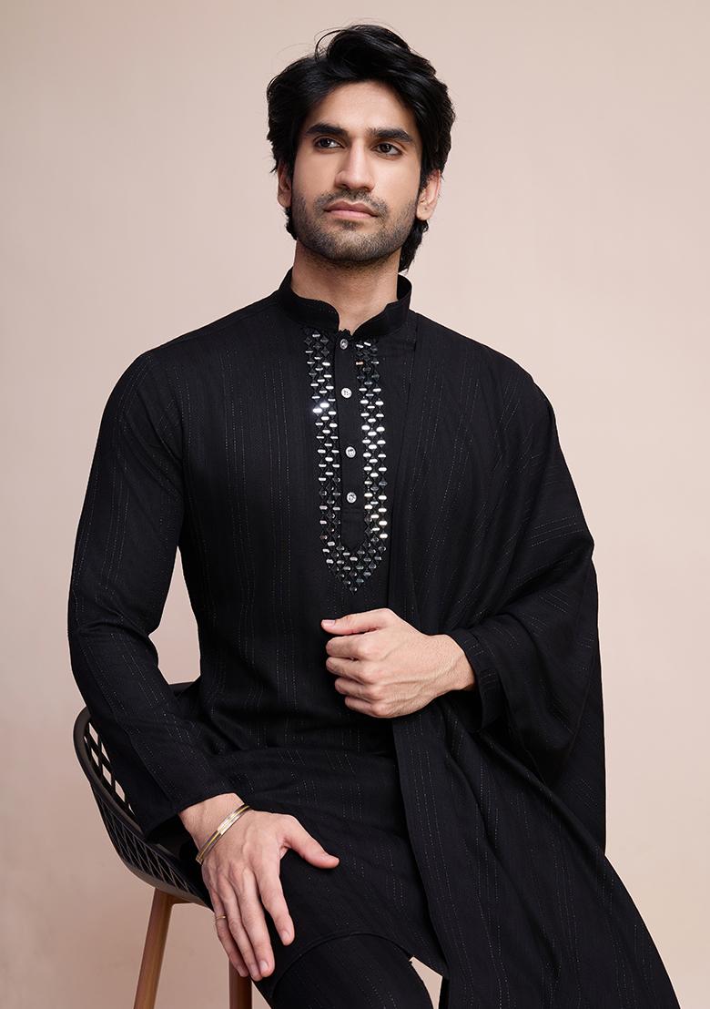 Black Embroidered Viscose Kurta Set With Dupatta For Men