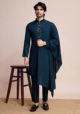 Turquoise Embroidered Viscose Kurta Set With Dupatta For Men