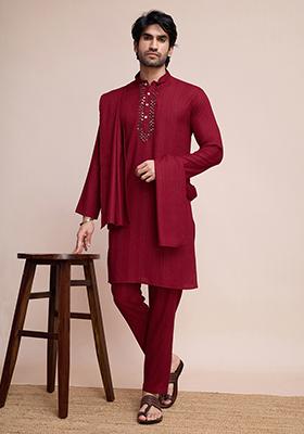 Maroon Embroidered Viscose Kurta Set With Dupatta For Men