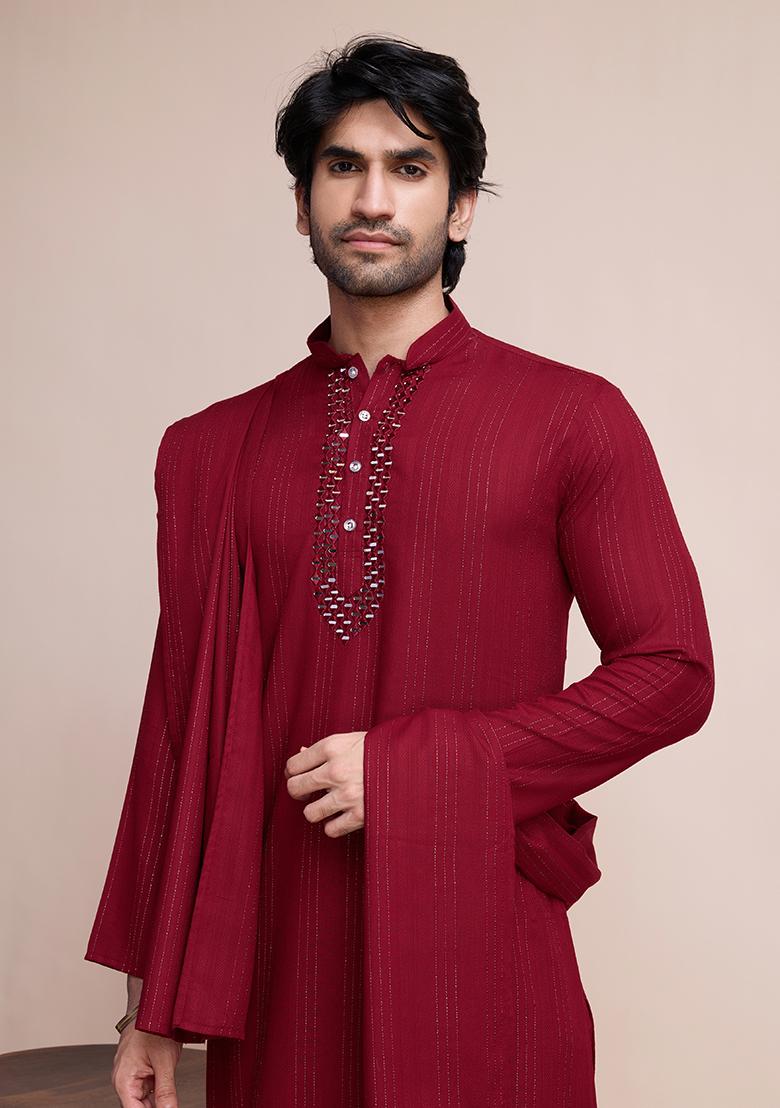Maroon Embroidered Viscose Kurta Set With Dupatta For Men