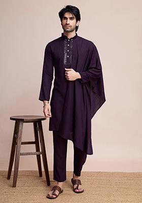 Purple Embroidered Viscose Kurta Set With Dupatta For Men