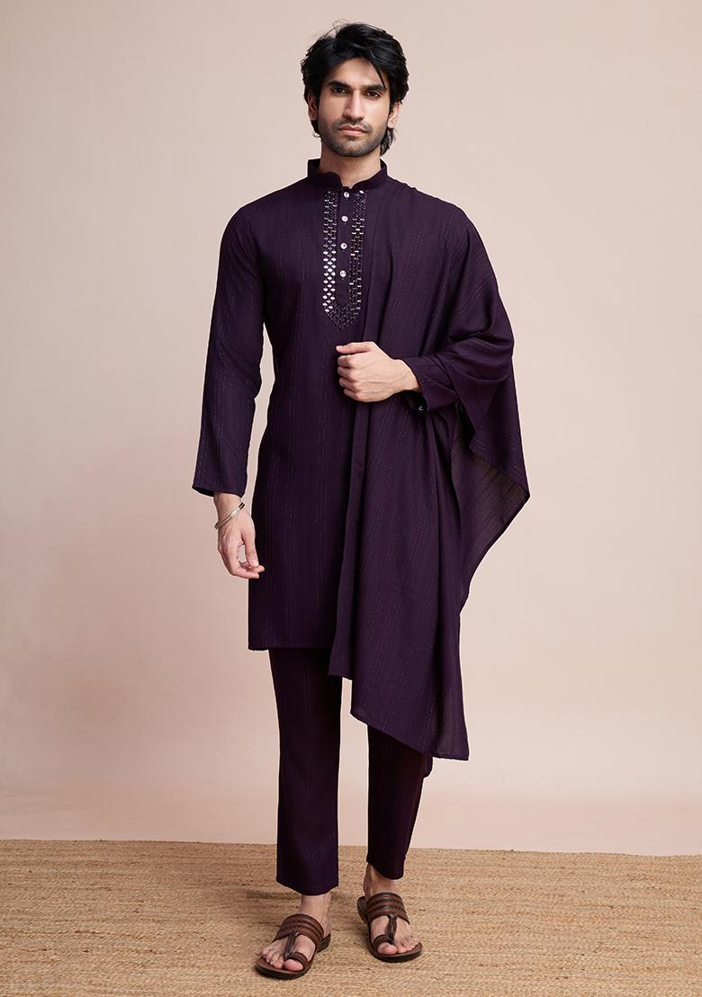 Purple Embroidered Viscose Kurta Set With Dupatta For Men
