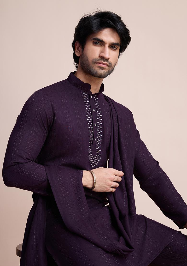 Purple Embroidered Viscose Kurta Set With Dupatta For Men