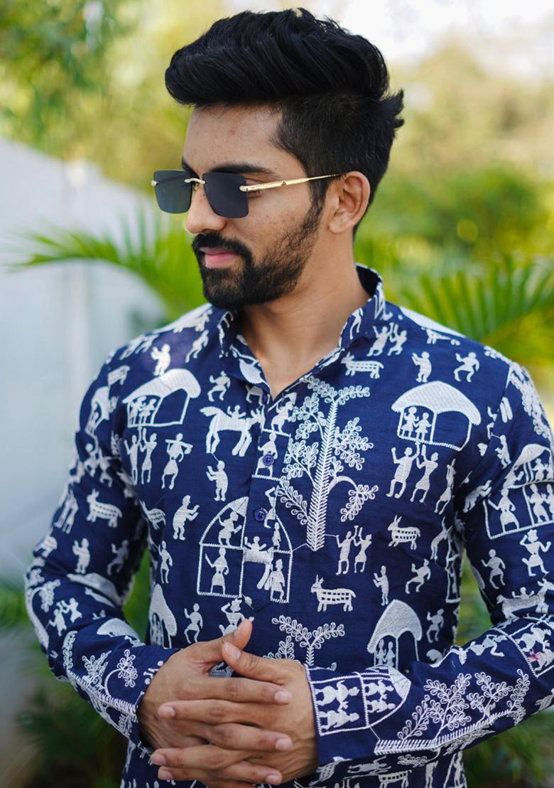 Blue Lucknowi Print Silk Kurta Set For Men