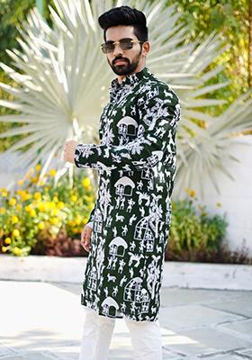Green Lucknowi Print Silk Kurta Set For Men