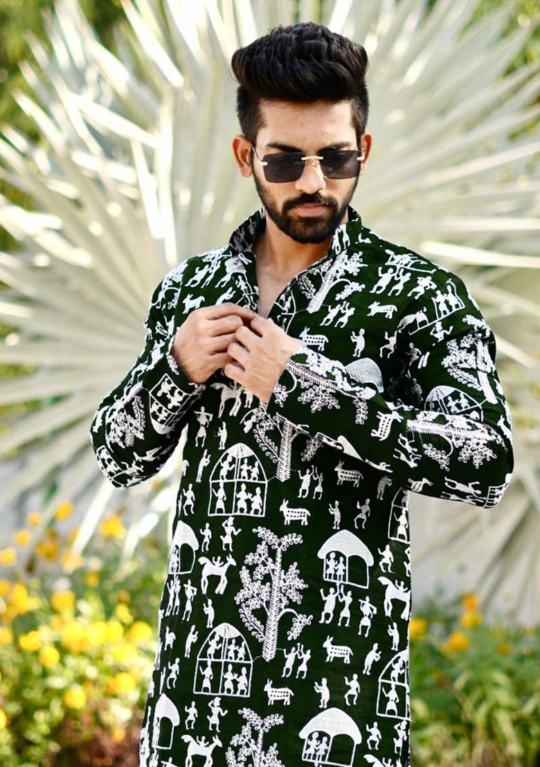 Green Lucknowi Print Silk Kurta Set For Men