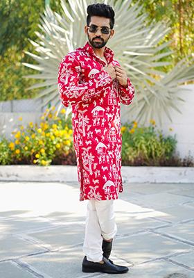 Red Lucknowi Print Silk Kurta Set For Men
