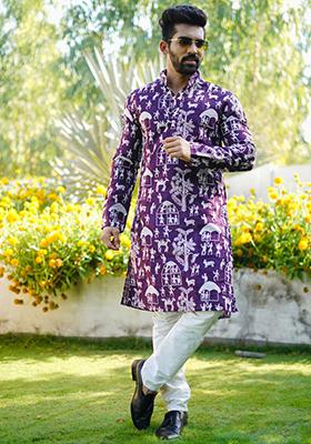 Violet Lucknowi Print Silk Kurta Set For Men