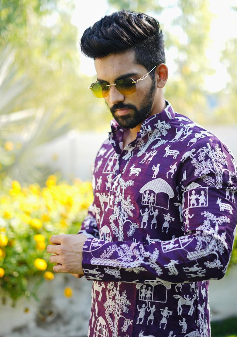 Violet Lucknowi Print Silk Kurta Set For Men