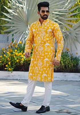 Yellow Lucknowi Print Silk Kurta Set For Men